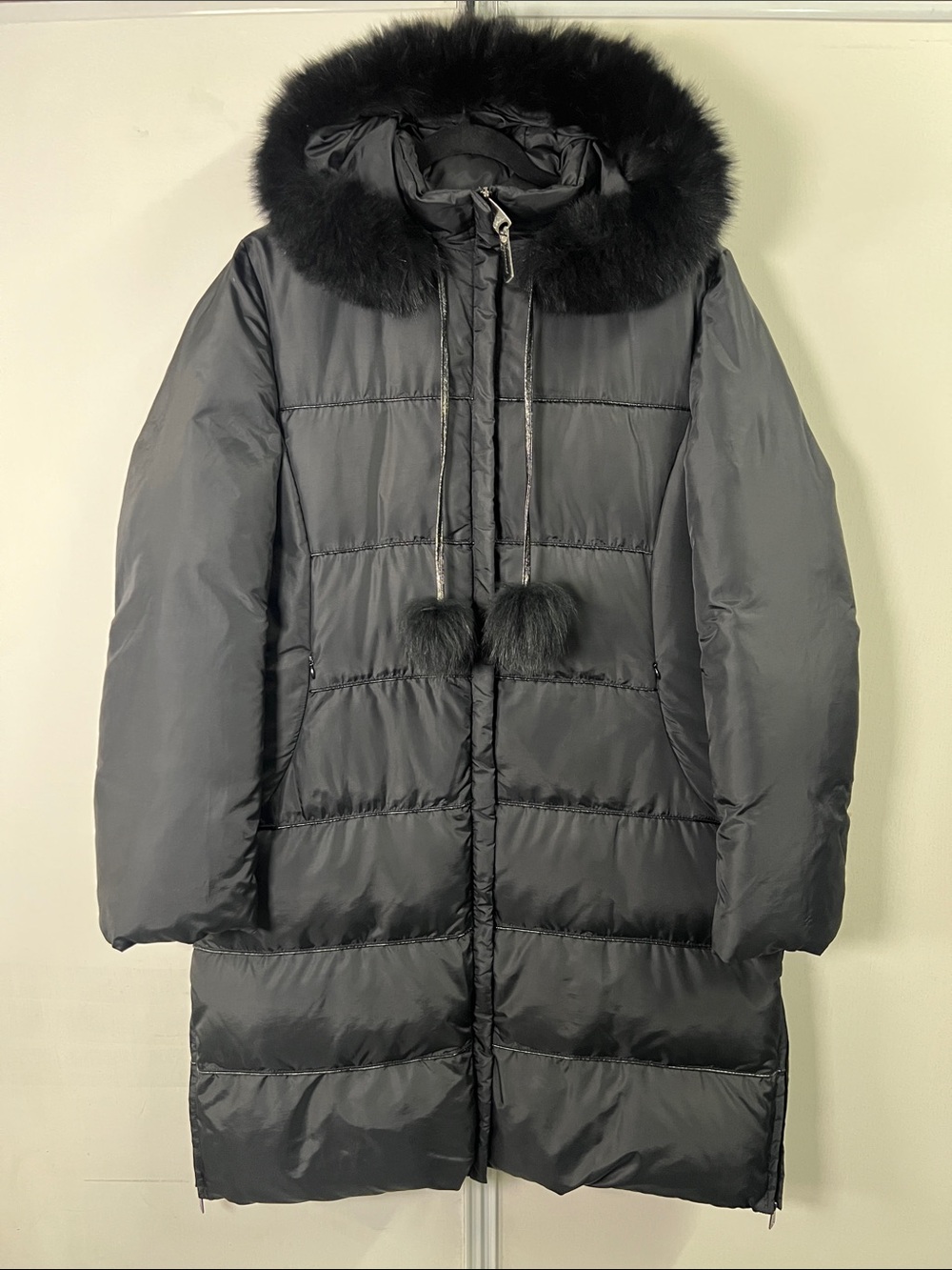 Via Spiga Black Long Down Puffer Coat Blue Fox Fur Trim Hood XL
